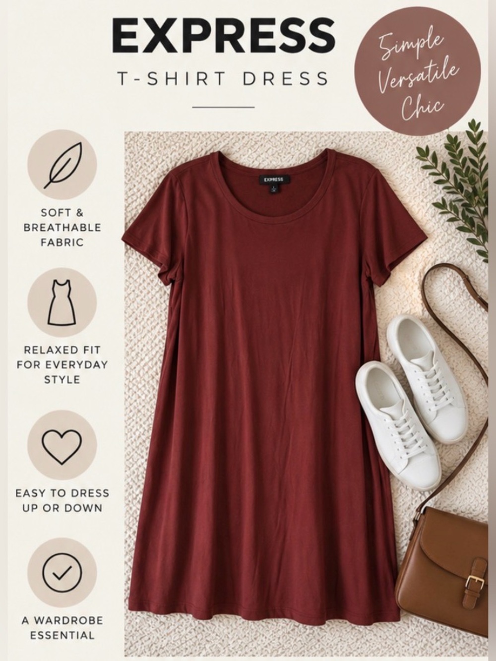Express Short-Sleeve T-Shirt Dress in Chestnut Brown